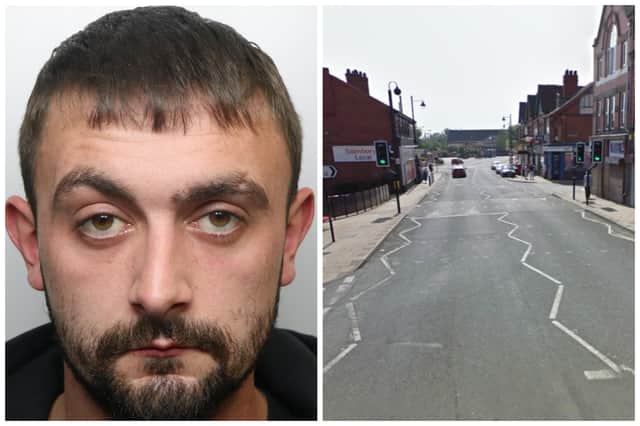 Todd Burgin (pictured) tried to flee police on Barnsley Road before crashing. (pics by WYP / Google Maps)
