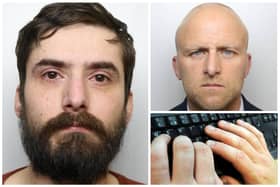 Joseph Hutchinson (left) was jailed today after being caught downloading images for a second time, and for blackmailing former Wakefield teacher Gareth Mellor (top right) who was also caught searching for abuse images online. (pics by WYP / NCA / National World)