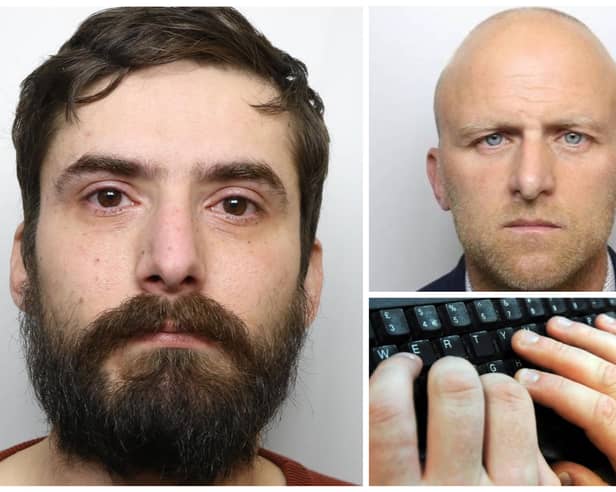Joseph Hutchinson (left) was jailed today after being caught downloading images for a second time, and for blackmailing former Wakefield teacher Gareth Mellor (top right) who was also caught searching for abuse images online. (pics by WYP / NCA / National World)