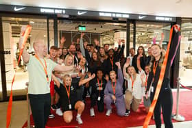 The Nike Rise team at the ribbon cutting of the new store at Trinity Leeds, including manager Christopher Young (L) and assistant manager Megan Freeborn