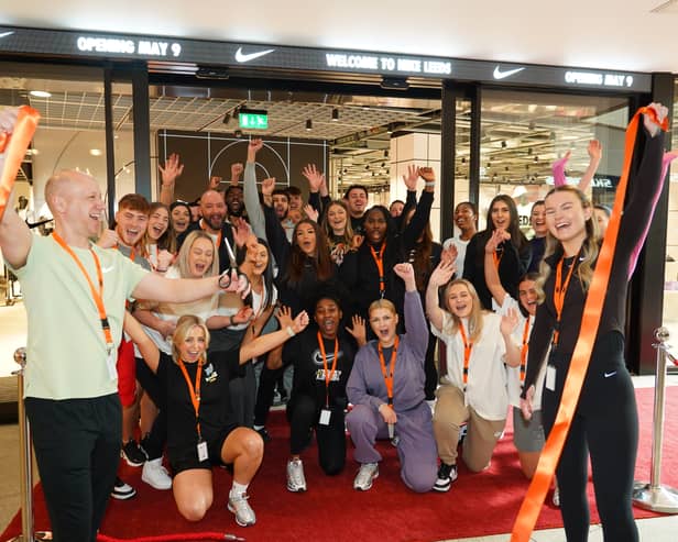 The Nike Rise team at the ribbon cutting of the new store at Trinity Leeds, including manager Christopher Young (L) and assistant manager Megan Freeborn
