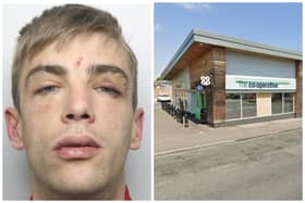 Collett (pictured) attacked a police officer with a knife after a thieving spree which included targeting Co-op in Seacroft. (pics by WYP / Google Maps)