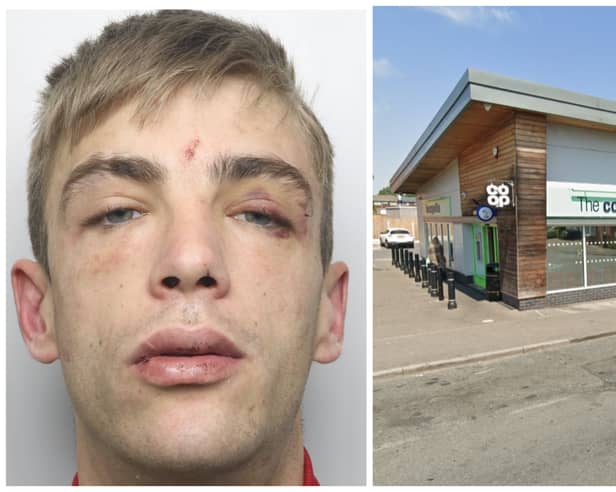 Collett (pictured) attacked a police officer with a knife after a thieving spree which included targeting Co-op in Seacroft. (pics by WYP / Google Maps)