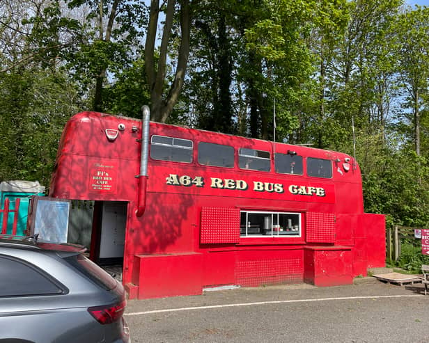 The A64 Red Bus Café is hard to miss when driving down the A road.
