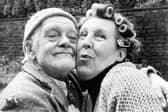 Last of the Summer Wine. Bill Owen as Compo and Kathy Staff as Nora Batty pose for a photo in May 1983.