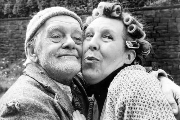 Last of the Summer Wine. Bill Owen as Compo and Kathy Staff as Nora Batty pose for a photo in May 1983.