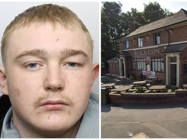 Brown (pictured) was deemed dangerous by the judge after trying to stab a bystander at the Black Lion pub in Bramley. (pics by WYP / Google Maps)