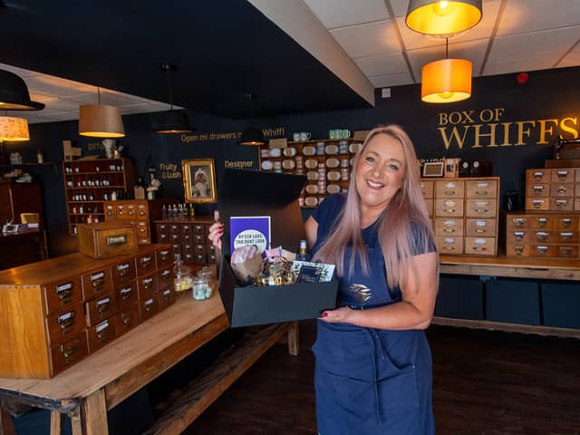 Owner Ali Arnison inside her candle shop Box of Whiffs in Springfield Mills, Farsley. Photo: Bruce Rollinson