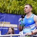Kevin Sinfield speaks to the crowd before the Rob Burrow Leeds Marathon.