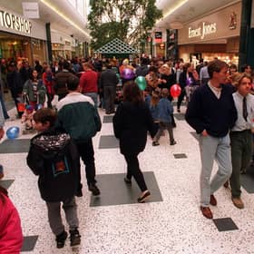 Bargain-hunters at the White Rose Shopping Centre which opened to the public for the first time in March 1997.