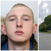 Isaac Nicholson (pictured) was jailed today for four years for causing the death of his cousin after he lost control of the car he was driving and ploughed into a tree on a roundabout (pics by WYP / Google Maps)