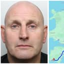Beedell (pictured) drove the six-hour 340-mile journey to meet what he thought was a 13-year-old girl. (pics by WYP / Google Maps)