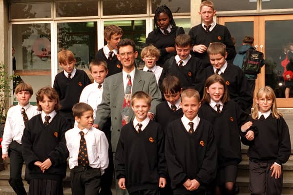 Pupils pictured with head teacher Andrew Hobbs when the school first opened its doors in September 1996.