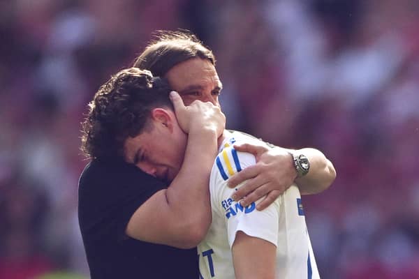 Daniel Farke, Manager of Leeds United, consoles Archie Gray of Leeds United after defeat to Southampton during the Sky Bet Championship Play Final match between Leeds United and Southampton at Wembley Stadium on May 26, 2024 in London, England. (Photo by Mike Hewitt/Getty Images)
