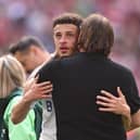 Ethan Ampadu is consoled by Daniel Farke after defeat during the Sky Bet Championship Play Final match between Leeds United and Southampton at Wembley Stadium on May 26, 2024 in London, England. (Photo by Mike Hewitt/Getty Images)
