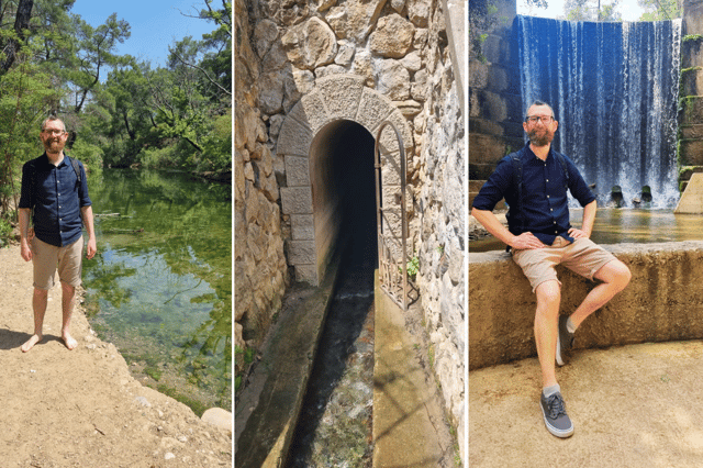 The lake, tunnel and waterfall at Seven Springs, Rhodes. 