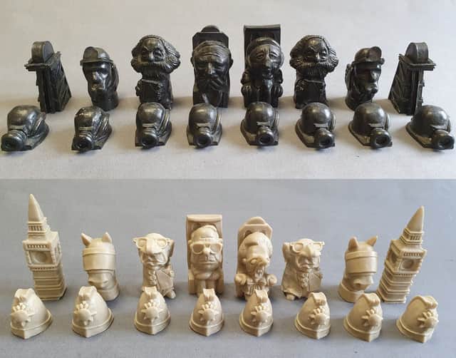 Miners’ strike chess s featuring caricatures of key political figures and icons of the year-long strike including Margaret Thatcher and Arthur Scargill.