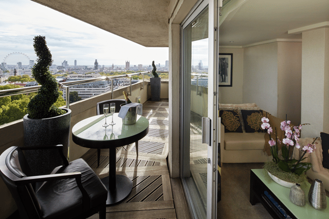 Penthouse suite and balcony at The Cavendish Hotel.