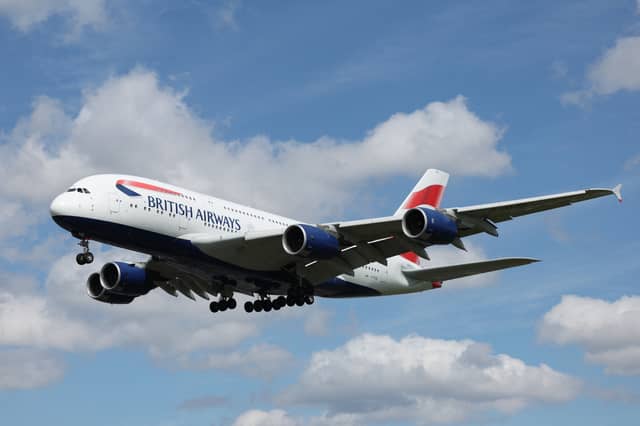 A British Airways Airbus-A380-841 comes in to land at Heathrow Airport in April 2024.