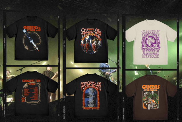 Some of the T-shirts that have been for sale during Queens of the Stone Age's European tour so far. Could one of these be available at the merch tents at Download Festival 2024? (Credit: Getty/Queens of the Stone Age)