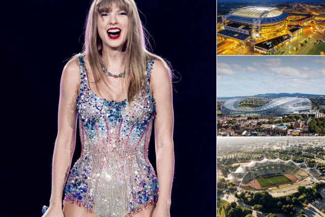 It could be cheaper to see Taylor Swift (left) in locations such as Amsterdam (top right), Dublin (middle right) but not so much for Munich (bottom right) (Credit: Getty Images)