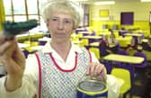 Farnley Park High dinner lady Gloria Blackburn painted  the school dining room over the summer holidays after a staff plea for help to the TV series Changing Rooms was rejected. Pictured in September 2000.