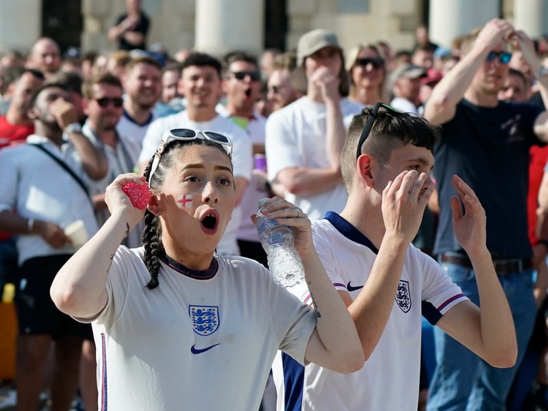 England fans at the Millennium Square in Leeds watching the UEFA Euro 2024 Group C match between Denmark and England.