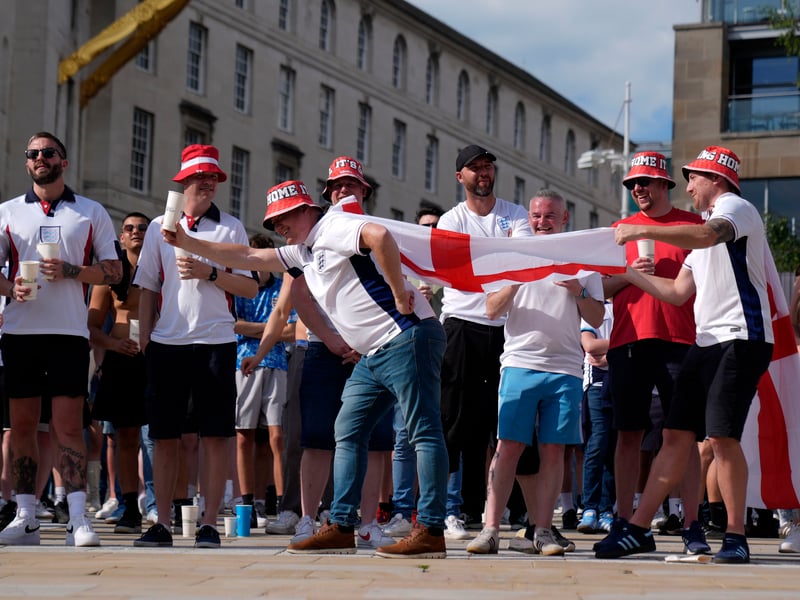 England fans at Millennium Square in Leeds watching the UEFA Euro 2024 Group C match between Denmark and England.