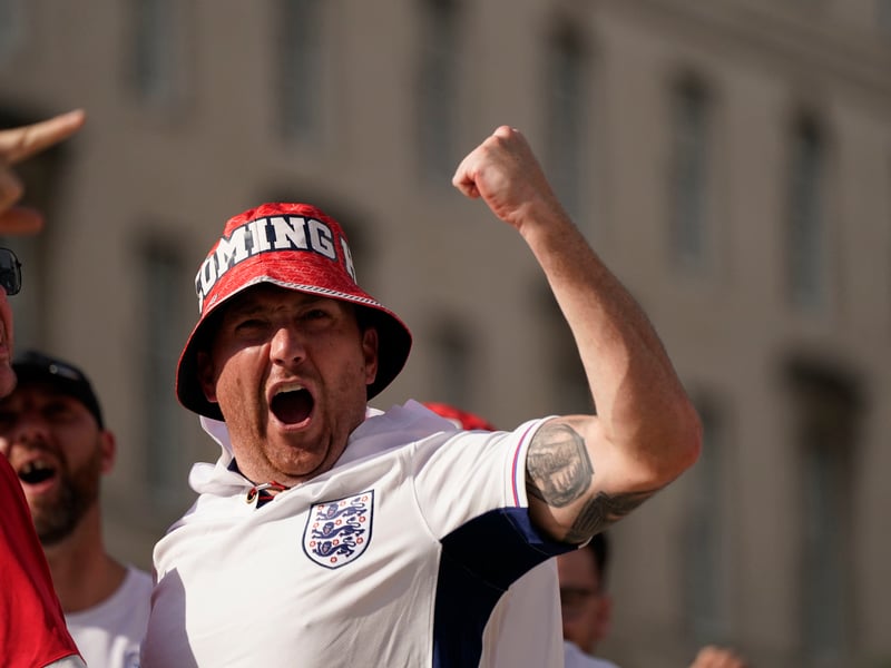 England fans at Millennium Square, Leeds, watching the UEFA Euro 2024 Group C match between Denmark and England.