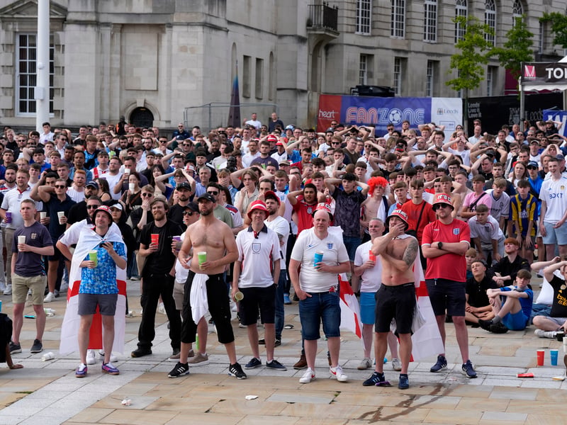 Dejected England fans at Millennium Square in Leeds watching the UEFA Euro 2024 Group C match between Denmark and England.