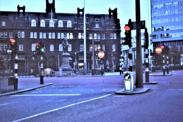 A view looking across City Square to the General Post Office building, with the statue of the Black Prince visible in front. Park Row and the 1960s Norwich Union building are on the right.