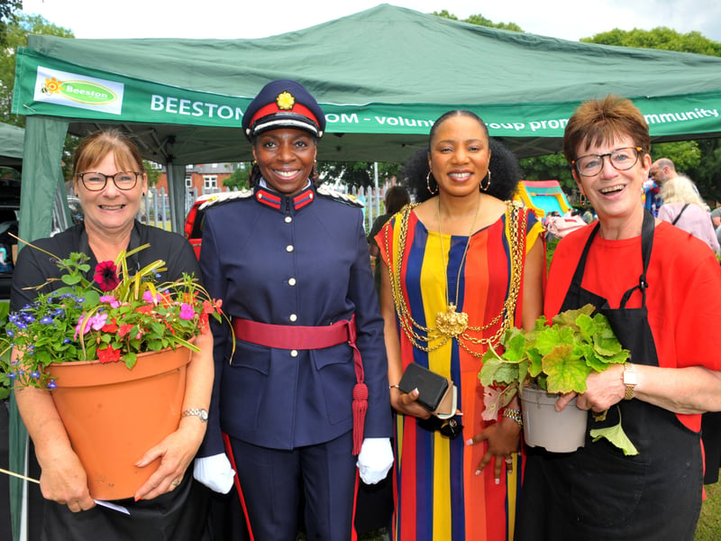 Beeston in Bloom members Clare Tait and Linda Stanley with Deputy Lieutenant of West Yorkshire, Yvonne Stocks and the Lord Mayor of Leeds Coun Abilgail Marshall Katung.