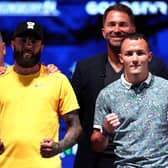 Anthony Cacace and Josh Warrington face off during the Anthony Joshua v Daniel Dubois IBF Heavyweight World Title fight announcement press conference at OVO Arena Wembley