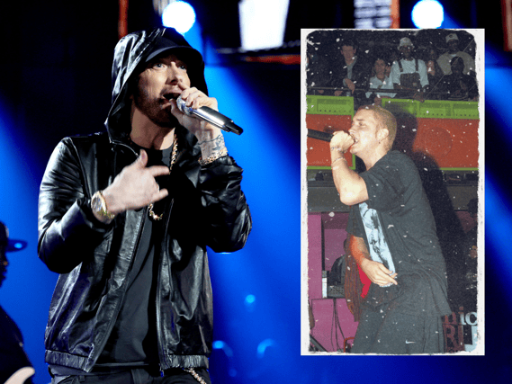 It's been 26 years since Eminem's first London show for "The Slim Shady LP." Now the rapper looks to kill off the personal after announcing the release date for "The Death of Slim Shady (Coup De Grace) (Credit: Getty Images/Subterania on X)
