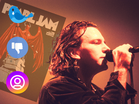Pearl Jam looks to continue their European tour this week with dates in Barcelona. But fans who were affected by the last-minute cancellations of Eddie Vedder (pictured) and company are seething still about the 11th-hour move - and now a series of art prints of the shows that didn't occur going on sale (Credit: Getty/Canva/X)