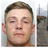 Ryan Owen (pictured) beat two men unconscious on High Street, Crigglestone. (pics by WYP / Google Maps)