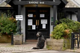 A dog waits outside the Polling Station at the Lord Darcy Public House (Barons Bar) Harrogate Road, Alwoodley.
