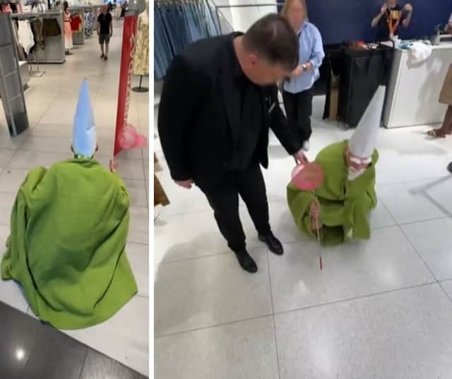 Screen grabs from tiny green mall wizard videos from TikTok