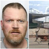 Thompson (pictured) was jailed for multiple break-ins at Belle Vue, home of Wakefield Trinity. (pics by WYP and Google Maps)