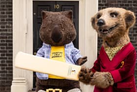 Compare the Market mascots Carl and Aleksandr appeared outside what looks remarkably like 10 Downing Street to mark the start of The Hundred.Photo released July 23 2024. 