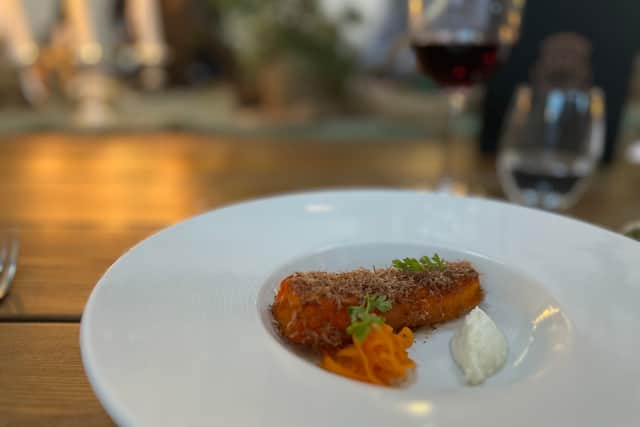 Carrot cooked in beef fat and topped with shavings of beef heart, served with pastrami spice (Photo by National World)