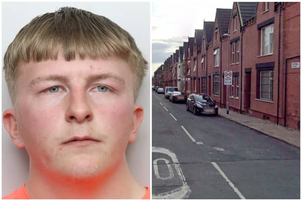 Spruce (pictured) was part of a group that burst into a property on Nowell Place and made threats to a man with a machete. (pics by WYP / Google Maps)
