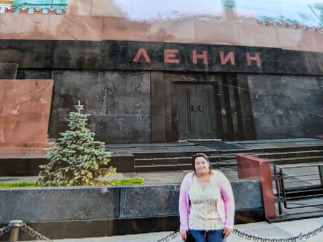 Alison Brinkworth outside Lenin's tomb in Moscow, Russia, in the early 2000s