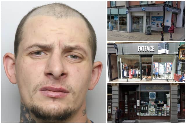 Carrie (pictured) raided several including Co-op on New York Street, tried to burgle Fatface on Briggate and smashed hi way into the Health Food Co on George Street. (pics by WYP / Google Maps)