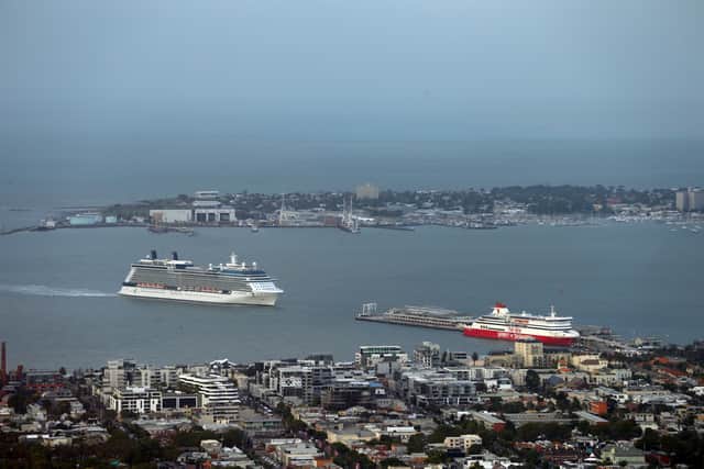 A ship is seen approaching Station Pier as seen from the Eureka Skydeck on February 4, 2016 in Melbourne, Australia.