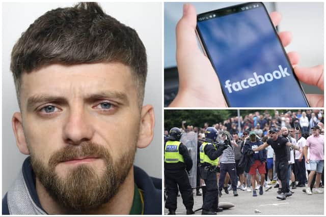 Jordan Parlour (pictured) was jailed for posting messages on Facebook about asylum seekers staying at a Leeds hotel. (pics by WYP / Adobe / Getty)