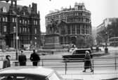 A view of City Square from the Queen's Hotel in Wellington Street, near the junction with Boar Lane. The Black Prince and the statues of Morn and Eve are visible in City Square. In the background, left, is the General Post Office, then the junction with Infirmary Street. In the centre, between Infirmary Street and Park Row, is the Norwich Union Building. Mill Hill Chapel in Park Row is at the right edge.