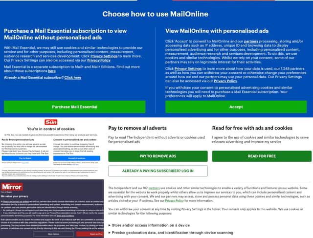 Collage of pay or consent messages on UK websites. Photo: Screenshots
