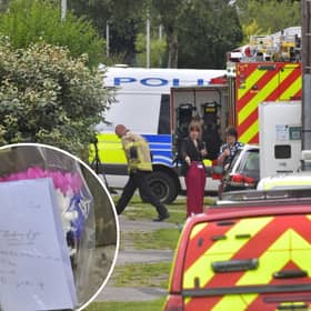 Police and ambulances pictured at the scene in Westbury Road, Bradford, and, inset, tributes left near the remains of the property.