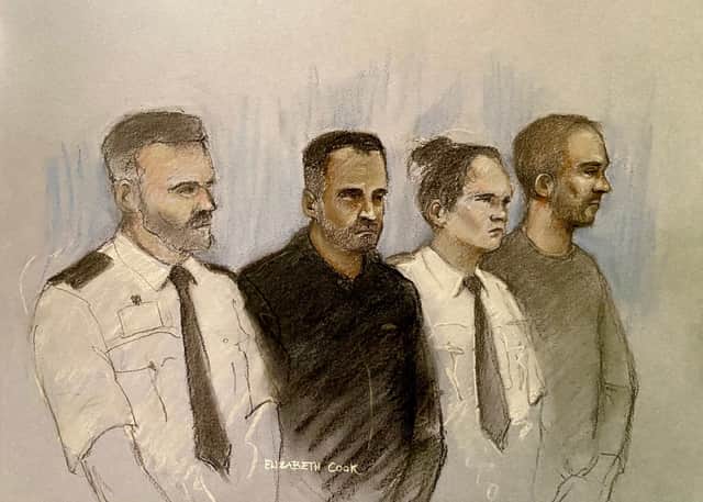 Court artist drawing by Elizabeth Cook of Mohammed Shabir (second left) and Calum Sunderland (right) appearing at Bradford Magistrates' Court